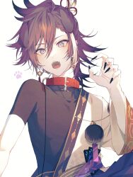  1boy :o absurdres animal_ears banzoin_hakka banzoin_hakka_(1st_costume) belt_collar black_nails black_shirt cheese_oho claw_pose collar commentary compression_shirt dog_boy dog_ears earrings fangs fingernails hadanugi_dousa highres holostars holostars_english japanese_clothes jewelry kemonomimi_mode kimono long_hair male_focus multicolored_hair ofuda open_mouth paw_print ponytail purple_hair red_collar sharp_fingernails shirt short_sleeves single_hair_streak solo streaked_hair teeth upper_body upper_teeth_only virtual_youtuber white_background white_hair white_kimono white_streaks 