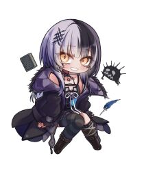  1girl black_boots black_choker black_coat black_dress black_hair boots chibi chibi_only choker coat dress fur-trimmed_coat fur_trim grey_hair highres hololive hololive_english invisible_chair long_hair quill ribbon shiori_novella shiori_novella_(1st_costume) simple_background single_thighhigh sitting solo thigh-highs virtual_youtuber white_background white_ribbon yellow_eyes yorick_(shiori_novella) zerotsu_0215 
