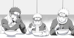  3boys amegakure_symbol bowl chopsticks coat commentary_request eating facial_mark flak_jacket food forehead_protector gloves greyscale highres holding holding_chopsticks jacket konohagakure_symbol long_sleeves male_focus monochrome multiple_boys nainai4mmi naruto_(classic) naruto_(series) naruto_shippuuden noodles one_eye_covered ramen short_hair spiky_hair teeth twitter_username uchiha_obito upper_body uzumaki_naruto whisker_markings yahiko_(naruto) 