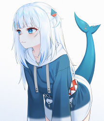  1girl :3 blue_eyes blue_hair blue_hoodie blunt_bangs blush collarbone commentary_request cowboy_shot drawstring fins fish_tail gawr_gura hair_ornament hololive hololive_english hood hood_down hoodie leaning_forward long_hair long_sleeves looking_ahead one_side_up shark_girl shark_tail sidelocks simple_background solo tail ugaaaa1 virtual_youtuber white_background 
