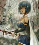  blood blue_eyes blue_hair cape gloves magical_girl mahou_shoujo_madoka_magica miki_sayaka sasagawa_(haikaiki) short_hair solo sword tears weapon 