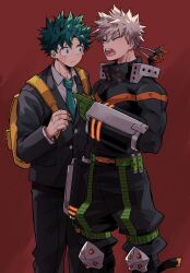  2boys adam's_apple aged_up arm_at_side backpack bag baggy_pants bakugou_katsuki belt black_jacket black_pants black_suit blue_necktie blush boku_no_hero_academia buttons chiyaya closed_mouth clothing_request collared_shirt double-parted_bangs explosive eye_contact eyebrows_hidden_by_hair feet_out_of_frame freckles from_side frown gloves glowing green_eyes green_gloves green_hair grenade grey_hair grey_shirt hair_between_eyes hand_up high_collar highres jacket knee_pads lapels legs_apart long_sleeves looking_at_another male_focus messy_hair midoriya_izuku multicolored_gloves multiple_boys multiple_scars necktie notched_lapels open_mouth orange_eyes orange_gloves pants partially_unbuttoned pocket red_background scar scar_on_cheek scar_on_face scar_on_hand shirt short_hair side-by-side sideways_glance sideways_mouth spiky_hair spoilers standing suit suit_jacket tsurime two-sided_gloves two-tone_gloves v-shaped_eyebrows wing_collar yellow_bag 
