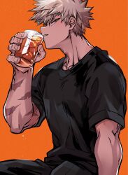  1boy adam's_apple arm_at_side bakugou_katsuki black_pants black_shirt blonde_hair boku_no_hero_academia chiyaya crew_neck cup downturned_eyes drink drinking_glass eyebrows_hidden_by_hair feet_out_of_frame film_grain from_side hand_up highres holding holding_cup holding_drink ice ice_cube looking_at_viewer looking_down looking_to_the_side male_focus multiple_scars orange_background orange_eyes pants parted_lips profile scar scar_on_arm shirt short_hair short_sleeves sideways_glance simple_background solo spiky_hair t-shirt tumbler_glass 