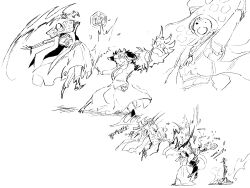  1boy 1girl absurdres claw_(weapon) coin death fighting hat highres hong_lu_(project_moon) limbus_company mask monochrome project_moon ring_(identity)_(project_moon) rufo_(project_moon) the_g_(bhu204) weapon 