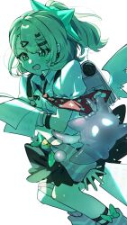  1girl arm_warmers collared_shirt commentary_request green_eyes green_hair highres kanisakiclub leg_warmers necktie open_mouth red_necktie sheet_music shirt short_sleeves simple_background single_thighhigh solo striped_arm_warmers striped_leg_warmers sunna_(zenless_zone_zero) sweat thigh-highs white_background zenless_zone_zero 