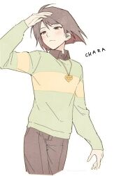  1other androgynous arm_up blush brown_hair brown_pants brown_shirt chara_(undertale) character_name closed_mouth collared_shirt commentary_request green_sweater heart heart_necklace highres jewelry korean_commentary long_sleeves necklace pants red_eyes savepoint010 shirt shirt_under_sweater short_hair simple_background solo sweater undertale utdr_(toby_fox) white_background 