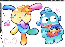  1boy 1girl aqua_eyes art_program_in_frame artist_request bad_link emoticon fish fish_boy flower gills hair_flower hair_ornament hangyodon heart highres kaomoji orange_flower rabbit_girl sanrio usahana white_background 