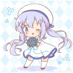  1girl argyle_background black_shoes blue_background blue_eyes blue_flower blue_hair blue_rose blush bouquet chibi commentary_request dress flower flower_symbol full_body gochuumon_wa_usagi_desu_ka? hair_between_eyes hair_ornament hat holding holding_bouquet kafuu_chino long_hair looking_at_viewer low_twintails mitarashi_neko one_eye_closed rose sailor_collar sailor_dress sailor_hat shoes short_sleeves sidelocks solo sparkle standing textless_version thigh-highs twintails twitter_username two-tone_background white_background white_dress white_hat white_thighhighs x_hair_ornament zettai_ryouiki 