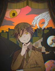  1boy brown_necktie brown_suit checkered_background cityscape clouds collared_shirt curtains disembodied_eye disembodied_hand downturned_eyes gears grey_hair hair_between_eyes hand_on_own_chin hello_charlotte holding_building jacket kuro-blood necktie picking_up shaded_face shirt short_hair smile stage_curtains striped_clothes striped_shirt suit suit_jacket sunset vertical-striped_clothes vertical-striped_shirt vincent_wordsworth white_hands white_shirt yellow_eyes 