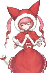  1girl akiha_rumiho animal_ear_hood animal_ears bow bowtie breasts capelet christmas closed_eyes dress drill_hair facing_viewer fake_animal_ears fake_tail frilled_dress frills fur-trimmed_capelet fur-trimmed_hood fur_trim game_asset hands_up highres hood hood_up huke long_hair non-web_source official_art petticoat pink_hair red_bow red_bowtie red_capelet red_dress red_hood ribbon santa_costume santa_dress science_adventure simple_background small_breasts smile solo steins;gate steins;gate_0 tachi-e tail tail_ornament tail_ribbon transparent_background twin_drills very_long_hair white_bow white_bowtie 