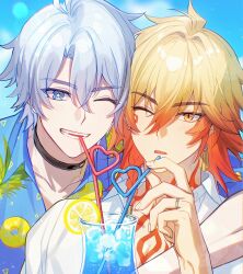  alternate_costume arm_around_shoulder arm_up bendy_straw black_choker blonde_hair blue_eyes choker collared_shirt commentary_request drinking_straw earrings food fruit gradient_hair hawaiian_shirt heart highres honkai:_star_rail honkai_(series) jewelry korean_commentary lemon lemon_slice light_particles looking_at_viewer multicolored_hair mydei_(honkai:_star_rail) one_eye_closed open_collar outdoors parted_hair phainon_(honkai:_star_rail) piercing red_hair ring shirt shokill slit_pupils summer tropical_drink upper_body white_hair white_shirt wing_collar 