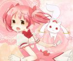  bad_id brown_eyes bust from_behind gloves kaname_madoka kanna_(grapejery) kyubey kyuubee looking_back magical_girl mahou_shoujo_madoka_magica open_mouth pink_hair red_eyes short_hair twintails white_gloves 