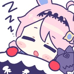  1girl ahoge animal_ears chibi chibi_only closed_eyes commentary denia_(wuthering_waves) gloves hair_ornament kemonomimi_mode lowres mono_(mono_mon) open_mouth pink_hair rabbit_ears rabbit_girl red_gloves simple_background sleeping solo under_covers untranslatable_commentary white_background wuthering_waves zzz 