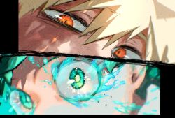  2boys akiyama_youkou bakugou_katsuki blonde_hair blue_eyes blurry boku_no_hero_academia bright_pupils close-up depth_of_field eye_focus eyebrows_hidden_by_hair film_grain flying_teardrops freckles glowing glowing_eyes hair_between_eyes highres looking_at_viewer looking_to_the_side male_focus midoriya_izuku multiple_boys official_artist_extra orange_eyes sideways_glance spiky_hair spoilers tsurime white_pupils 