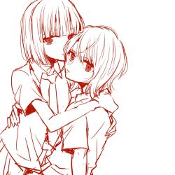  2girls amakura_mayu amakura_mio arm_around_another's_waist arm_at_side blunt_bangs bob_cut brown_theme closed_mouth commentary_request fatal_frame fatal_frame_ii:_crimson_butterfly hand_on_another's_waist hands_on_another's_back hands_up heads_together highres hug looking_at_viewer looking_to_the_side monochrome multiple_girls mutual_hug necktie official_alternate_costume parted_lips sakurada_en school_uniform short_hair short_sleeves siblings simple_background sisters twins upper_body white_background 