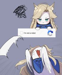  1girl :3 absurdres anger_vein animal_ear_fluff animal_ears animalization aqua_eyes arms_up blonde_hair blue_cloak captcha cat cat_ears cat_tail cloak closed_mouth commentary curtained_hair diana_(pragmata) fang grey_background highres j_humbo long_hair looking_at_viewer multiple_views open_mouth padded_cloak pragmata simple_background squiggle tail untranslatable_commentary v-shaped_eyebrows 