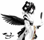  akeboshi_kagayo alternate_costume autumn_leaves black_hair black_wings english expressionless feathers hands hat holding japanese_clothes kimono kourindou_tengu_costume leaf looking_down partially_colored profile red_eyes ribbon shameimaru_aya short_hair simple_background solo spot_color tengu tokin_hat touhou white_background wide_sleeves wings wristband 