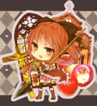  apple atea bad_id chibi church cross food from_behind fruit gate holding letterboxed long_hair looking_back mahou_shoujo_madoka_magica maid polearm ponytail red_eyes red_hair redhead sakura_kyouko solo spear stained_glass taiyaki thighhighs wagashi weapon 