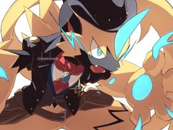  1other ascot belt black_fur black_hat black_jacket blue_eyes blue_fur blue_gem brooch brown_belt clothed_pokemon fang furry gem grey_vest hat jacket jewelry korosliszt looking_to_the_side multicolored_fur open_mouth other_focus pawpads pokemon pokemon_(creature) pokemon_unite red_ascot simple_background solo standing two-tone_fur upper_body vest whiskers white_background yellow_fur zeraora zeraora_(frontier) 
