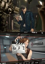  1boy 1girl 1other alternate_universe black_shirt blue_eyes blue_jacket blurry blurry_foreground brown_hair camera character_request che_sue00 claire_redfield clapperboard collared_shirt cowboy_shot dirty game_screenshot_background head_tilt highres holding holding_paper indoors jacket knife_sheath leon_s._kennedy paper people resident_evil resident_evil_2 resident_evil_2_(remake) screenshot_background sheath shirt short_hair umbrella_corporation_logo undershirt white_shirt 