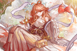  1girl absurdres air_bubble arknights bow-shaped_hair box bubble commentary_request coral_hair_ornament dated earrings fish hagoromo hair_ornament hair_rings hair_stick hand_up haruka_(arknights) haruka_(stranded_in_utopia)_(arknights) highres japanese_clothes jewelry knees_up long_hair looking_at_viewer making-of_available official_alternate_costume orange_eyes orange_hair parted_lips pointy_ears shawl signature sitting solo underwater wide_sleeves yitai_zhi_meng 