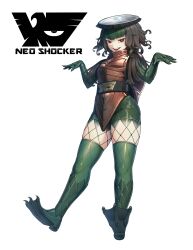 1girl armor belt black_belt boots bright_pupils brown_armor brown_hair commentary eidenjyou1997 emblem english_commentary fishnet_pantyhose fishnets full_body genderswap genderswap_(mtf) green_boots green_hair green_shorts green_thighhighs highres kamen_rider kappa knee_boots long_hair looking_at_viewer monster_girl neo_kamen_rider okappa_houshi open_hands open_mouth pantyhose red_eyes shocker_(kamen_rider) shorts simple_background solo standing teeth thigh-highs upper_teeth_only w_arms white_background