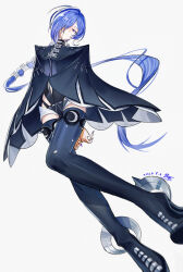  1girl absurdres arms_behind_back black_boots black_cape black_shorts blue_hair boots bound bound_arms cape clothing_cutout commentary crescent crescent_earrings dated earrings floating_hair full_body hair_over_one_eye highres jewelry long_hair looking_at_viewer low_ponytail navel navel_cutout one_eye_covered ponytail promeia_(zenless_zone_zero) purple_nails shorts signature simple_background solo thigh_boots very_long_hair violet_eyes white_background yisjhui zenless_zone_zero 