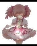  bad_id blush bubble_skirt choker closed_eyes eyes_closed gloves kaname_madoka letterboxed magical_girl mahou_shoujo_madoka_magica morinaga_(ctct0) pink_hair puffy_sleeves short_twintails simple_background smile solo soul_gem twintails white_gloves 