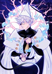  1boy black_shirt cape closed_eyes closed_mouth commentary cowboy_shot english_commentary fukanona highres holding long_sleeves male_focus parted_bangs pince-nez qifrey_(tongari_boushi_no_atelier) shirt short_hair sleeves_past_wrists solo tassel tongari_boushi_no_atelier water wavy_hair white_cape white_hair 