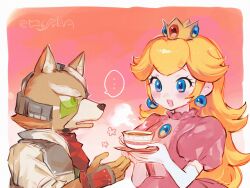  ... 1boy 1girl :d animal_ears blonde_hair blue_eyes blush_stickers border breasts brown_fur crown cup dress earrings elbow_gloves fingerless_gloves flipped_hair fox_boy fox_ears fox_mccloud furry furry_male gloves gold_crown hanaon highres holding holding_saucer jewelry long_hair looking_at_another open_mouth orange_background pink_dress princess_peach puffy_short_sleeves puffy_sleeves red_gloves saucer scouter short_sleeves sidelocks signature simple_background small_breasts smile sphere_earrings spoken_ellipsis star_fox steaming_cup super_mario_bros. super_smash_bros. tea teacup upper_body white_border white_gloves 