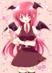  akai bat_wings baton black_legwear black_thighhighs blush breast_hold breasts head_wings koakuma large_breasts long_hair necktie pointer red_eyes red_hair redhead solo the_embodiment_of_scarlet_devil thigh-highs thighhighs touhou very_long_hair vest wings zettai_ryouiki 