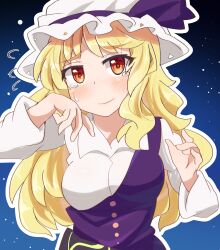  1girl absurdres belt black_belt blonde_hair blush closed_mouth collared_shirt commentary_request crying crying_with_eyes_open dress hat hat_ribbon highres long_hair long_sleeves looking_at_viewer loose_belt purple_dress purple_ribbon red_eyes ribbon sad_smile schinfaxi1996 shirt single_strap smile solo tears textless_version touhou upper_body watatsuki_no_toyohime white_hat white_shirt 