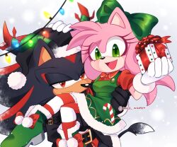  1boy 1girl :d amy_rose amy_rose_(jingle_belle) animal_ears animal_nose artist_name belt belt_buckle black_belt black_coat black_fur black_hair blush body_fur boots bow box breasts buckle christmas closed_mouth coat dress fake_antlers fake_tail fur_trim furry furry_female furry_male gift gift_box gloves green_boots green_bow green_eyes hair_bow happy highres holding inked_whimsy long_hair long_sleeves looking_at_viewer open_mouth pink_fur pink_hair puffy_short_sleeves puffy_sleeves red_fur red_hair red_shirt shadow_the_hedgehog shadow_the_hedgehog_(silent_night) shirt short_sleeves signature simple_background smile snow snowing sonic_(series) sonic_rumble tail twitter_username white_gloves 