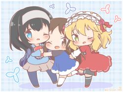  3girls ;d black_hair black_hairband black_shoes black_socks blonde_hair blue_dress blue_eyes blue_pantyhose blue_shirt blush brown_eyes brown_hair brown_skirt chibi colored_shadow commentary_request dress frilled_hairband frills green_eyes grey_hairband hair_between_eyes hairband highres idolmaster idolmaster_cinderella_girls kneehighs layered_sleeves long_sleeves mitarashi_neko multiple_girls one_eye_closed pantyhose plaid_background pleated_skirt puffy_long_sleeves puffy_short_sleeves puffy_sleeves red_dress red_shoes ribbon-trimmed_hairband sagisawa_fumika sakurai_momoka shadow shirt shoes short_over_long_sleeves short_sleeves skirt smile socks standing standing_on_one_leg tachibana_arisu white_socks 