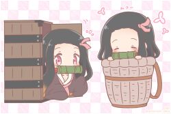  1girl bamboo basket bit_gag black_hair blush box brown_hair chibi collarbone commentary_request forehead gag gradient_hair hair_ribbon hands_up in_basket in_box in_container japanese_clothes kamado_nezuko kimetsu_no_yaiba kimono long_hair mitarashi_neko motion_lines multicolored_hair multiple_views notice_lines pink_eyes pink_kimono pink_ribbon ribbon translation_request very_long_hair 