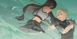  1boy 1girl armor bare_shoulders bike_shorts bike_shorts_under_skirt black_gloves black_hair black_shorts black_skirt blonde_hair blue_eyes bracelet breasts cloud_strife commentary_request cowboy_shot crop_top elbow_gloves final_fantasy final_fantasy_vii final_fantasy_vii_remake gloves highres jewelry lifestream long_hair looking_at_another low-tied_long_hair materia medium_breasts miniskirt parted_lips reaching reaching_towards_another ribbed_sweater shillo short_hair shorts shoulder_armor skirt sleeveless sleeveless_turtleneck spiky_hair suspender_skirt suspenders sweater tank_top tifa_lockhart turtleneck turtleneck_sweater upper_body white_tank_top 