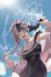  1girl black_hair black_nightgown blue_sky braid day grey_hair happy_birthday hat heart highres hololive hololive_english long_hair low_twin_braids mob_cap multicolored_hair nightgown official_alternate_costume official_alternate_hairstyle pink_ribbon ribbon shiori_novella shiori_novella_(pajamas) sky solo split-color_hair teeth tem_z0 twin_braids two-tone_hair upper_teeth_only virtual_youtuber 