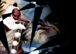  beard black_background blue_background colored_sclera colored_skin dead_or_alive_dimensions facial_hair fighting_stance from_side full_beard gohyakumine_bankotsubo hat japanese_clothes long_hair long_nose long_sleeves official_art open_mouth promotional_art red_skin traditional_youkai upper_body white_beard white_hair yellow_sclera 