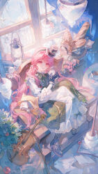 1girl absurdres animal animal_earrings berry bilingual_commentary black_gloves black_hairband black_hat black_shoes book bow bow_(music) bowtie capelet cat ceiling_light center_frills chair cherry_blossoms closed_mouth clothed_animal collared_dress commentary cross-laced_clothes cross-laced_sleeves cup dress dress_bow drink drinking ear_covers english_commentary flower frilled_dress frilled_headwear frills full_body gloves green_bow green_bowtie green_dress grey_socks hair_flowing_over hair_spread_out hairband half_gloves hat high_collar high_heels highres holding holding_drink hood hood_up hooded_capelet indoors infinity_nikki instrument lantern layered_dress light_particles long_hair long_sleeves low_twintails maccha_(mochancc) mini_hat mini_top_hat mixed-language_commentary momo_(nikki) mug musical_note musical_note_print nikki_(nikki) nikki_(series) on_chair open_book parted_lips pink_eyes pink_flower pink_hair plant potted_plant puffy_long_sleeves puffy_sleeves pumps saucer shoes sitting sleeveless sleeveless_dress sleeves_past_wrists smile socks steam striped_clothes striped_socks symphony_of_strings_(infinity_nikki) table tablecloth tea teacup top_hat twintails vertical-striped_clothes vertical-striped_socks very_long_hair violin whiskers white_cat white_dress window yellow_capelet 