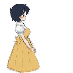  1girl black_hair dress eextrovrt english_commentary from_side highres puffy_short_sleeves puffy_sleeves ranma_1/2 shirt_under_sweater short_hair short_sleeves sketch solo tendou_akane white_background yellow_dress 