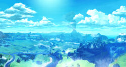  absurdres aura blue_sky bridge castle clouds dark_aura day forest highres mountainous_horizon nature no_humans official_art outdoors river scenery sky smoke takumi_wada the_legend_of_zelda the_legend_of_zelda:_breath_of_the_wild third-party_source very_wide_shot volcano 