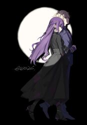  1boy 1girl alternate_hair_length_(longer) arm_at_side asahina_mafuyu betruetoi black_background black_shoes black_skirt black_sweater blazer blonde_hair braid closed_mouth commentary dated deep_dark_for_light_(project_sekai) earrings from_side full_body gloves high-waist_skirt high_heels highres jacket jewelry locked_arms long_hair long_skirt long_sleeves looking_ahead looking_to_the_side necklace official_alternate_costume official_alternate_hairstyle pants profile project_sekai purple_hair purple_jacket purple_pants purple_sweater ribbed_sweater shoes short_hair sidelocks sideways_glance simple_background single_braid skirt soshite_hari_wa_ugokidasu_(project_sekai) spotlight straight_hair suit sweater sweater_tucked_in tenma_tsukasa turtleneck turtleneck_sweater untranslatable_commentary very_long_hair violet_eyes walking 
