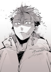  1boy aoi_(aoi68) closed_mouth commentary_request greyscale hood hood_down hooded_jacket itadori_yuji jacket jujutsu_kaisen jujutsu_kaisen_modulo looking_at_viewer male_focus monochrome scar scar_on_face scar_on_forehead scar_on_mouth short_hair simple_background solo twitter_username white_background zipper zipper_pull_tab 