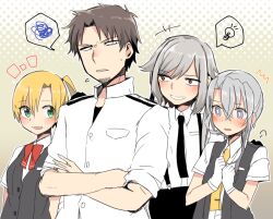  3girls admiral_(kancolle) asymmetrical_hair beard black_necktie blonde_hair blush bow bowtie brown_hair collared_shirt commentary_request double-parted_bangs embarrassed facial_hair female_admiral_(kancolle) gloves gradient_background green_eyes grey_hair grey_vest hair_between_eyes halftone halftone_background kantai_collection light_bulb long_hair looking_at_another looking_at_viewer low_twintails maikaze_(kancolle) medium_hair motion_lines multiple_girls necktie nowaki_(kancolle) one_side_up oomori_(kswmr) open_clothes open_mouth open_vest outline red_bow red_bowtie red_eyes shirt short_hair short_sleeves shoulder_boards sidelocks smile speech_bubble spoken_light_bulb spoken_squiggle squiggle sweat swept_bangs twintails upper_body vest violet_eyes white_background white_gloves white_outline white_shirt yellow_background yellow_necktie 