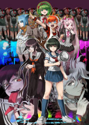  6+boys 6+girls ahoge aqua_eyes aqua_hair bandaid bandaid_on_cheek bandaid_on_face black_hair black_serafuku black_shirt black_shoes black_skirt blue_sailor_collar blue_skirt blue_socks blush bow brown_mask child closed_mouth collared_shirt commentary_request crossed_arms daimon_masaru_(danganronpa) danganronpa_(series) danganronpa_another_episode:_ultra_despair_girls fake_horns fangs fukawa_toko genocider_sho glasses green_eyes green_hair hair_between_eyes hair_bow hairband headphones high_heels holding holding_megaphone holding_scissors horns jacket jerun kemuri_jataro komaeda_nagito legs_apart long_hair long_skirt long_sleeves long_tongue mask megaphone messy_hair monokuma_kid multiple_boys multiple_girls naegi_komaru neck_ribbon neckerchief necktie open_clothes open_jacket open_mouth orange_hair outline outstretched_arm own_hands_together pink_eyes pink_hair pink_hairband pointing purple_hair purple_thighhighs red_bow red_eyes red_hairband red_neckerchief red_necktie red_ribbon ribbon round_eyewear sailor_collar scarf school_uniform scissors serafuku servant_(danganronpa) shingetsu_nagisa shirt shoes short_hair short_sleeves sidelocks skirt skirt_set sleeves_past_fingers sleeves_past_wrists smile socks standing teeth thigh-highs third-party_source tongue tongue_out torn_clothes torn_neckerchief torn_skirt towa_monaca twintails upper_teeth_only utsugi_kotomo very_long_hair white_bow white_outline white_sailor_collar white_shirt white_shoes 