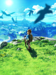  1boy :| aura bird blonde_hair blue_eyes blue_sky blue_tunic blurry blurry_foreground boots bow_(weapon) bridge brown_boots brown_gloves castle closed_mouth clouds dark_aura day fingerless_gloves flower forest from_above from_side full_body gloves grass hand_on_hilt hand_on_own_hip highres knee_boots layered_sleeves link long_sleeves looking_at_viewer looking_back looking_up male_focus mountainous_horizon nature official_art outdoors pants planted planted_sword pointy_ears river rock sheath sheikah_slate shield shield_on_back short_hair short_over_long_sleeves short_sleeves sidelocks single_vambrace sky smoke solo standing sword takumi_wada the_legend_of_zelda the_legend_of_zelda:_breath_of_the_wild third-party_source tunic undershirt v-shaped_eyebrows vambraces volcano weapon weapon_on_back white_flower white_pants wide_shot yellow_flower 