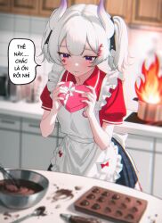  1girl absurdres apron baking blurry blurry_background blurry_foreground blush bowl box chocolate chocolate_making closed_mouth commentary cowboy_shot double-parted_bangs dragon_girl dragon_horns english_commentary facial_tattoo failure fire frilled_apron frills gift gift_box hair_ornament heart-shaped_box highres holding holding_box holding_gift horns indoors kitchen looking_down original red_shirt shirt short_hair short_sleeves solo speech_bubble tattoo translation_request vietnamese_text violet_eyes white_apron white_hair yuki_kurihara yukivju 
