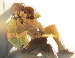  2others antenna_hair black_pants black_shirt boots brown_hair brown_shirt commentary_request deltarune face-to-face green_sweater grey_sweater hair_ornament hairclip hand_on_another's_mouth hand_on_another's_neck hand_on_another's_thigh heart heart_hairclip holding holding_behind_back holding_knife holding_knife_behind_back knife kris_(deltarune) medium_hair multiple_others on_floor other_with_other pants pikashuaimiaozi red_eyes shirt shirt_under_sweater sitting sitting_on_lap sitting_on_person striped_clothes striped_sweater sweater utdr_(toby_fox) v-neck vessel_(deltarune) 