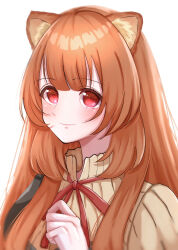  1girl absurdres animal_ear_fluff animal_ears black_dress blunt_bangs blush brown_hair closed_mouth collared_dress commentary dress hand_up high_collar highres layered_dress long_hair long_sleeves looking_at_viewer neck_ribbon pinstripe_dress pinstripe_pattern raccoon_ears raccoon_girl raphtalia red_eyes red_ribbon ribbon simple_background sleeveless sleeveless_dress smile solo straight_hair tate_no_yuusha_no_nariagari upper_body watano_yuki white_background white_dress yellow_trim 