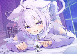  1girl :d ahoge animal_ear_fluff animal_ears blurry blurry_background cat_ears cat_girl cat_tail commentary_request double-parted_bangs feet_up full_body hair_between_eyes hololive indoors jacket kneehighs long_sleeves looking_at_viewer lying nekomata_okayu nekomata_okayu_(membership) night no_shoes official_alternate_costume on_bed on_stomach onigirya_(nekomata_okayu) open_mouth purple_hair purple_jacket ribbed_socks short_hair smile socks solo tail the_pose torakichi_888 violet_eyes virtual_youtuber white_socks window 